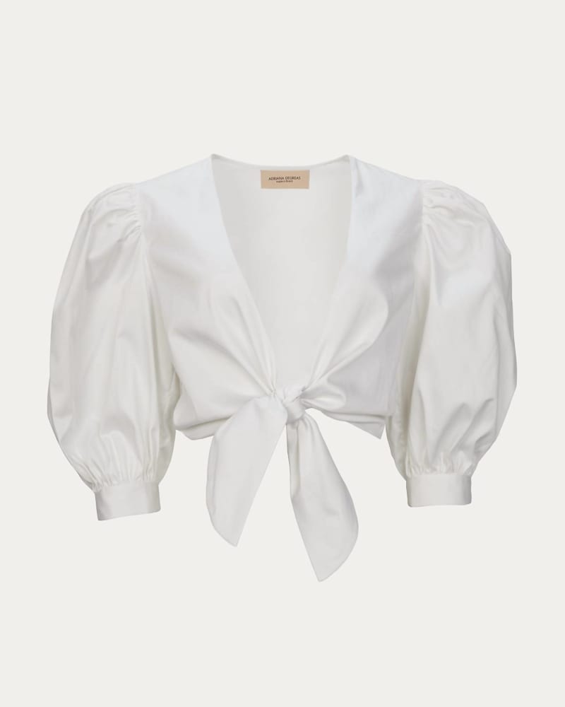 Front of a size L Solid Puff-Sleeve Cropped Blouse in White in White by ADRIANA DEGREAS. | dia_product_style_image_id:340305